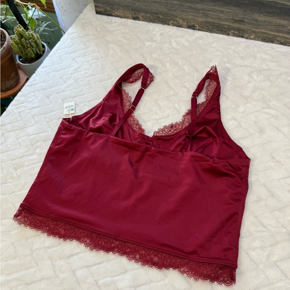 Nwt $60 Aerie Show Off Shine Lace Corset Bra Top Cami & Thong Red Cherry Tart L - Picture 12 of 14